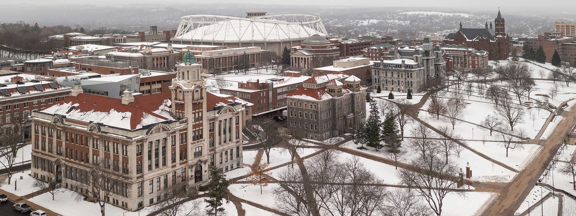 aerial view of winter campus