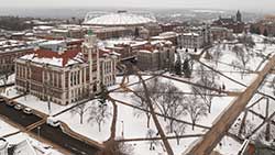 aerial view of winter campus